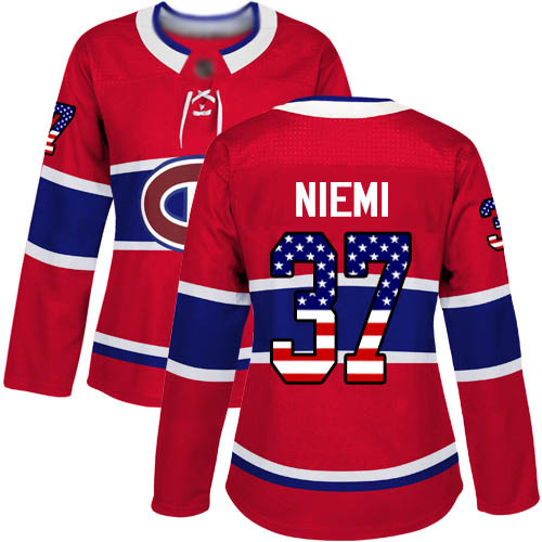 Adidas Women's Antti Niemi Authentic Red Jersey: NHL #37 Montreal Canadiens USA Flag Fashion