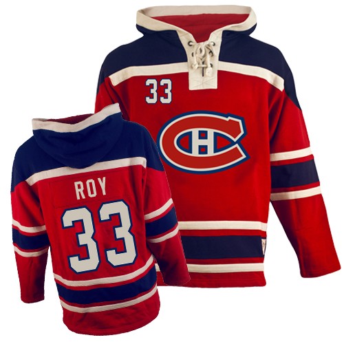 Old Time Hockey Men's Patrick Roy Authentic Red Jersey: NHL #33 Montreal Canadiens Sawyer Hooded Sweatshirt