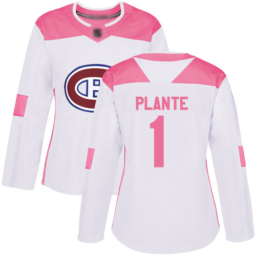 Adidas Women's Jacques Plante Authentic White/Pink Jersey: NHL #1 Montreal Canadiens Fashion
