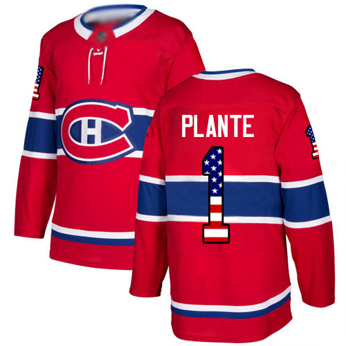 Adidas Youth Jacques Plante Authentic Red Jersey: NHL #1 Montreal Canadiens USA Flag Fashion